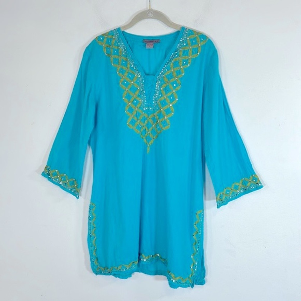 Peppermint Bay Embroidery Sequins 100% Cotton Women’s Size L Blue Gold Tunic